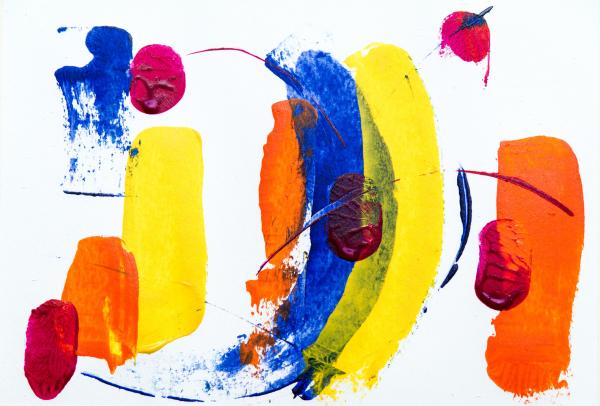 An abstract painting using orange, red, yellow and blue paint