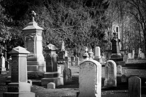 Grayscale image of a cemetery featuring a lot of tombstones