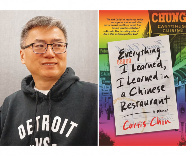 Author Curtis Chin next to his book, 