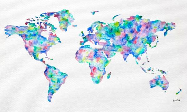Watercolor world map with a variety of colors
