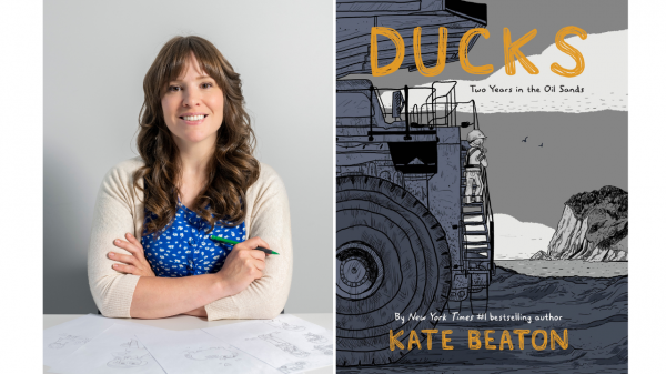 Headshot of author (Beaton) on left and cover of book, "Ducks," on the right