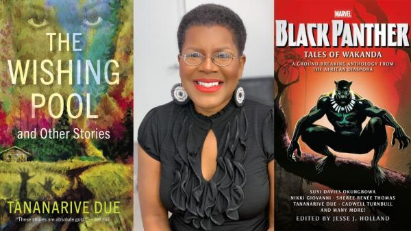 Tananarive Due sits between the covers of her books The Wishing Pool and Black Panther: Tales of Wakanda