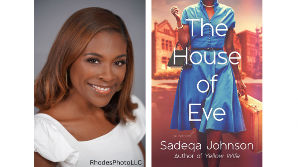 Headshot of author (Johnson) on left and cover of her book, 