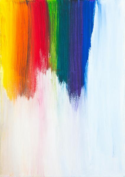 An image of a rainbow painted over a white canvas with paint scraped to the bottom.