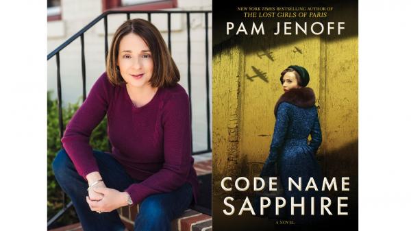 Pam Jenoff headshot next to the cover of the book Code Name Sapphire