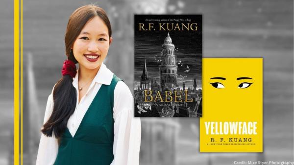 Author Rebecca Kuang and two of her books
