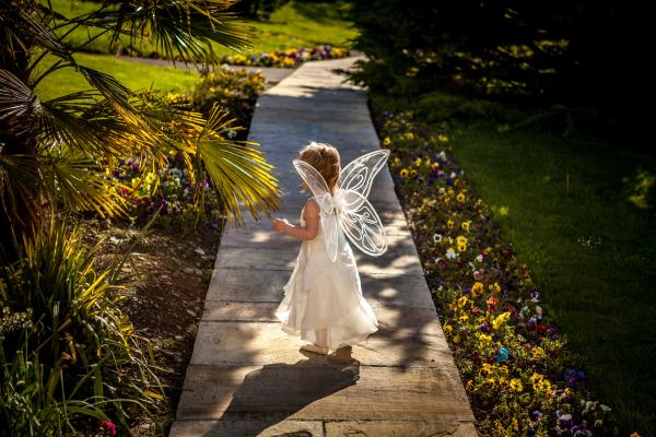 Toddler dressed in white dress with fairy wings facing away from camera