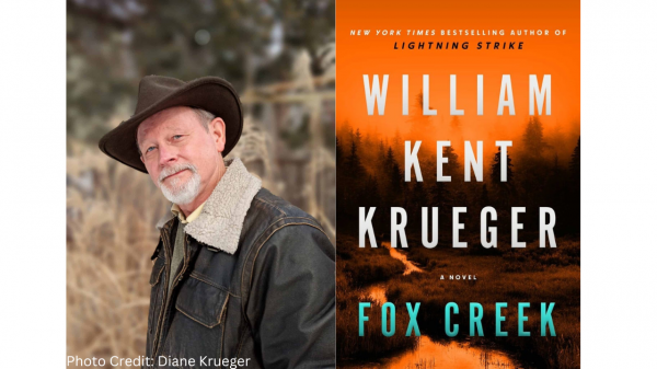 Split image of the headshot of author, Krueger, on left and the cover of book "Fox Creek" on the right