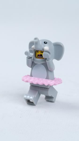 A screaming LEGO person inside an elephant costume