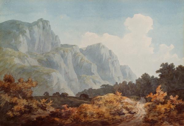 A landscape painting of mountains and blue sky.